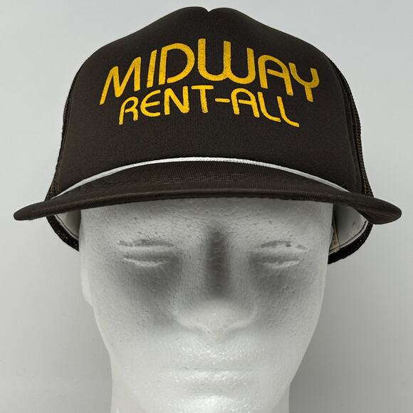 Vintage Midway Rent All Trucker Hat Cap Brown 80s Foam Front Mesh Snapback Rope - Picture 2 of 10